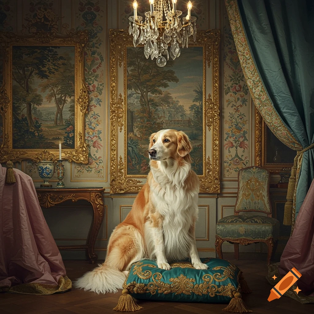 A golden-white dog sits on an ornate teal pillow in a lavish rococo room with paintings and a chandelier.
