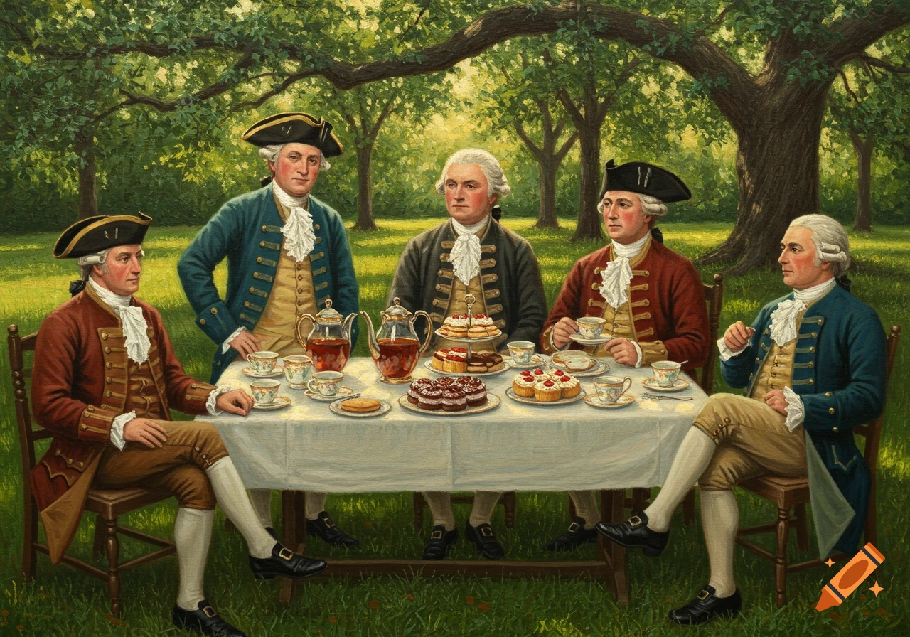An oil painting of five men in colonial attire having a tea party outdoors with teapots, teacups, cakes, and pastries.