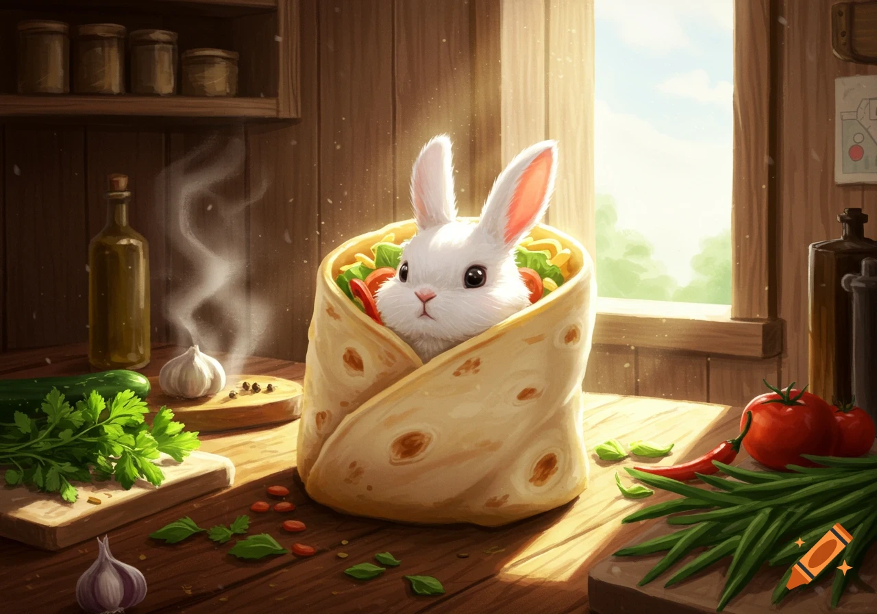A cute white bunny with big black eyes peeking out of a tortilla burrito on a rustic kitchen counter with vegetables and spices.