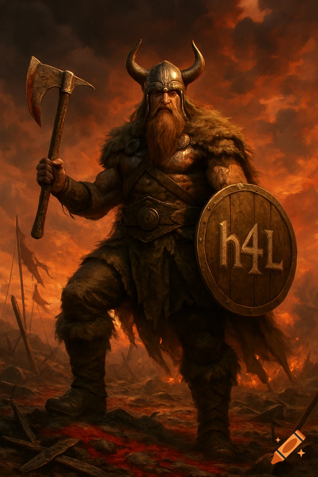 A horned Viking warrior with an axe and 'h4L' shield stands on a fiery battlefield under a dramatic orange sky.