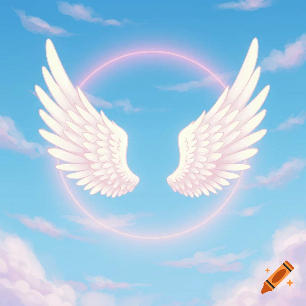 A 2D drawing of white angel wings with a pink glow, set against a blue sky with soft clouds.