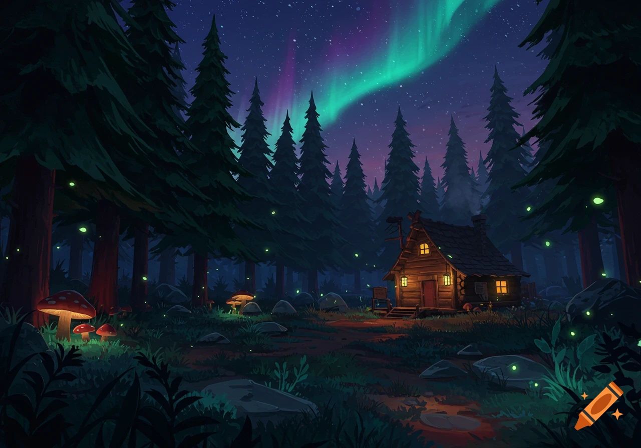 A stylized digital art image of a cozy cabin in a dark forest at night, with glowing mushrooms, fireflies, and aurora borealis.