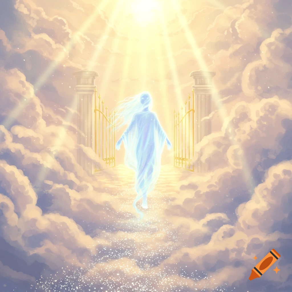 An ethereal glowing ghost ascends a sparkling path through clouds towards open golden gates under bright sunbeams.