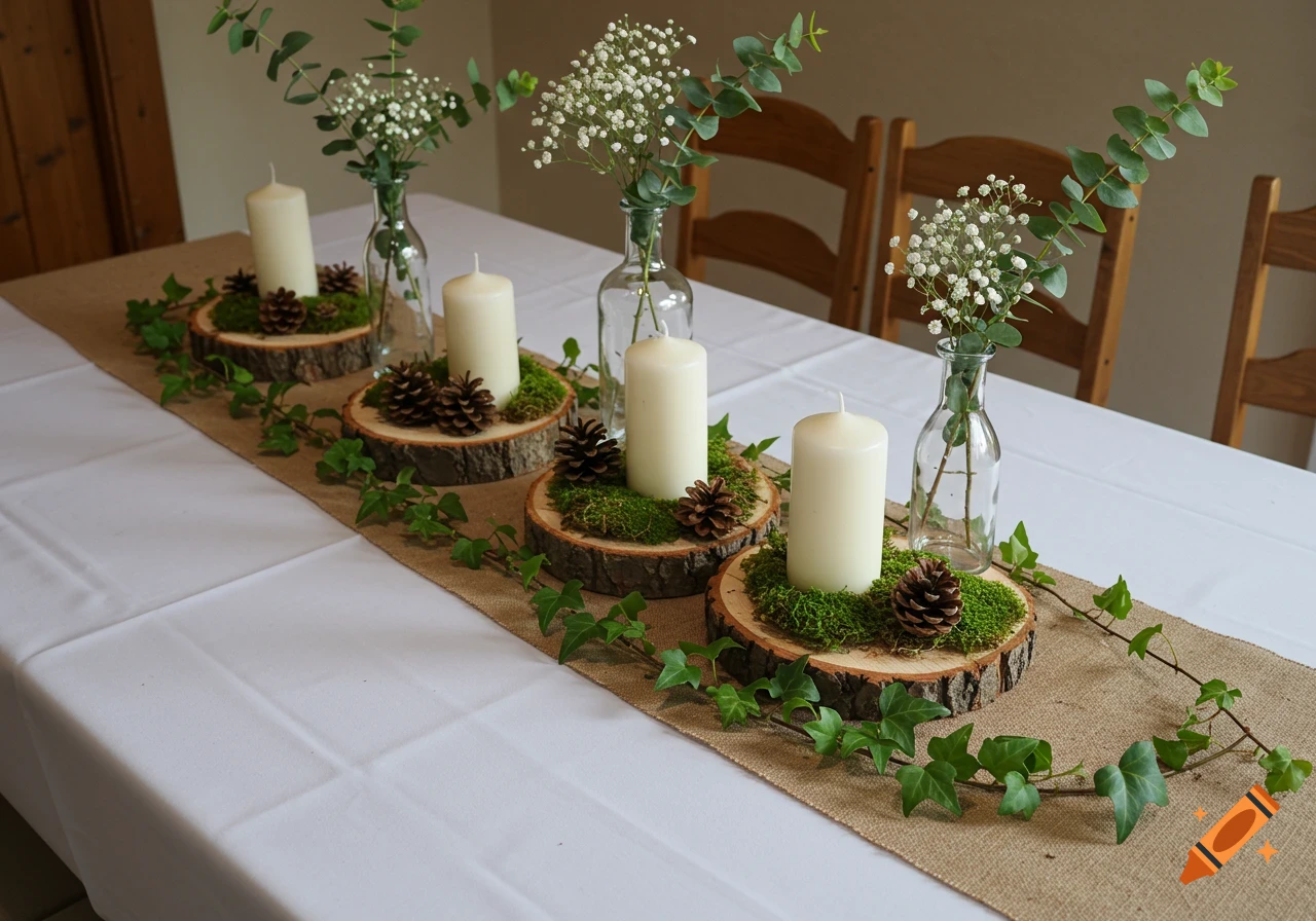 Close-up of a rustic table runner with wooden slice candle holders, pinecones, moss, ivy, and glass vases with eucalyptus and baby's breath.