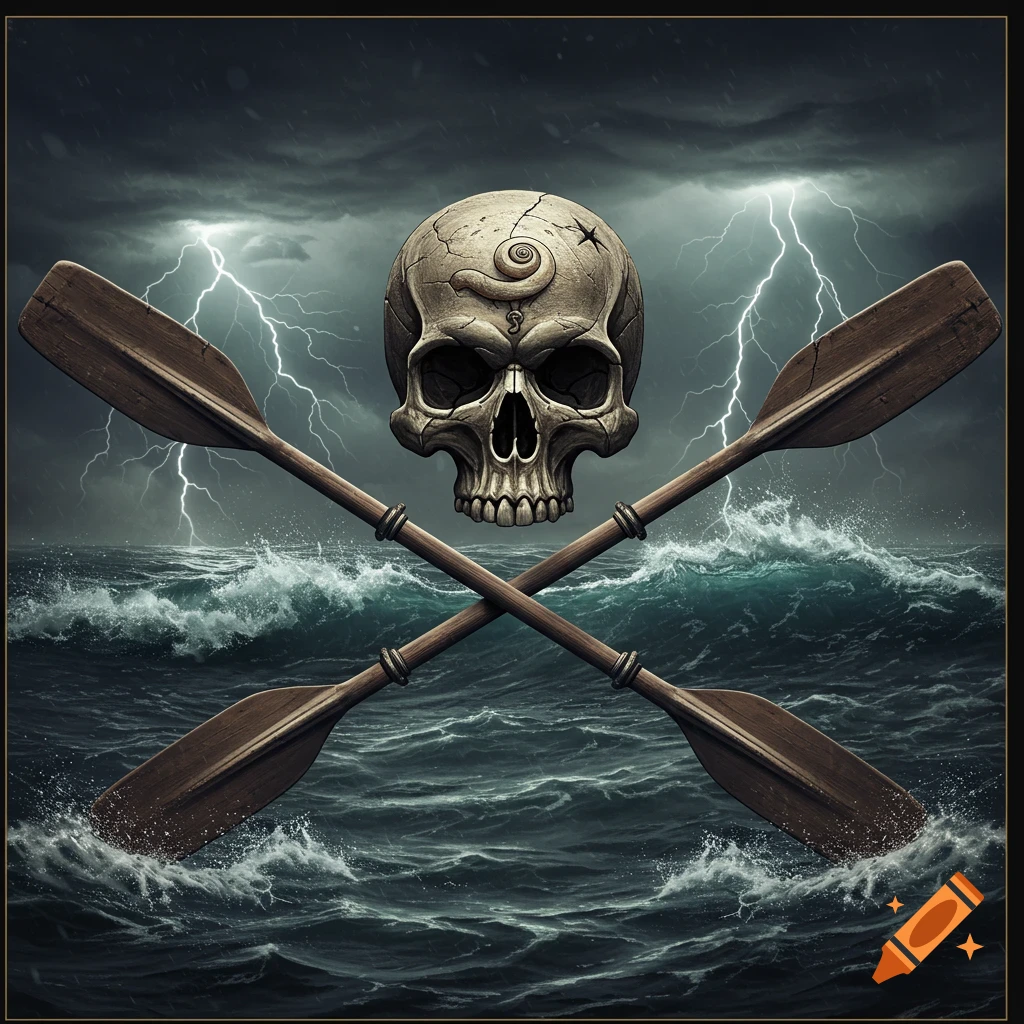 A stylized skull over crossed wooden oars against a dark, stormy sea with lightning.