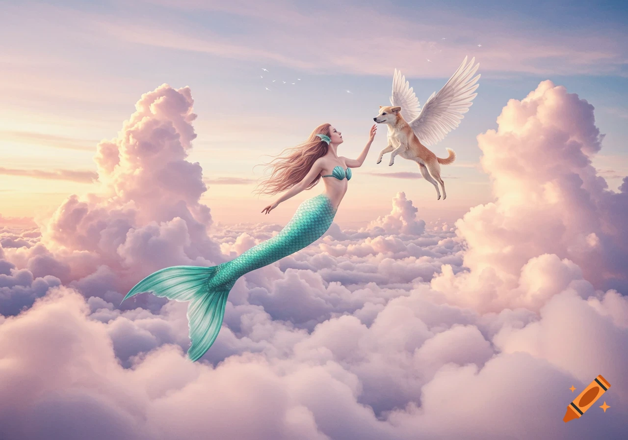 An ethereal mermaid with a teal tail swims among pink clouds, reaching out to a flying angel dog with transparent wings at sunset.