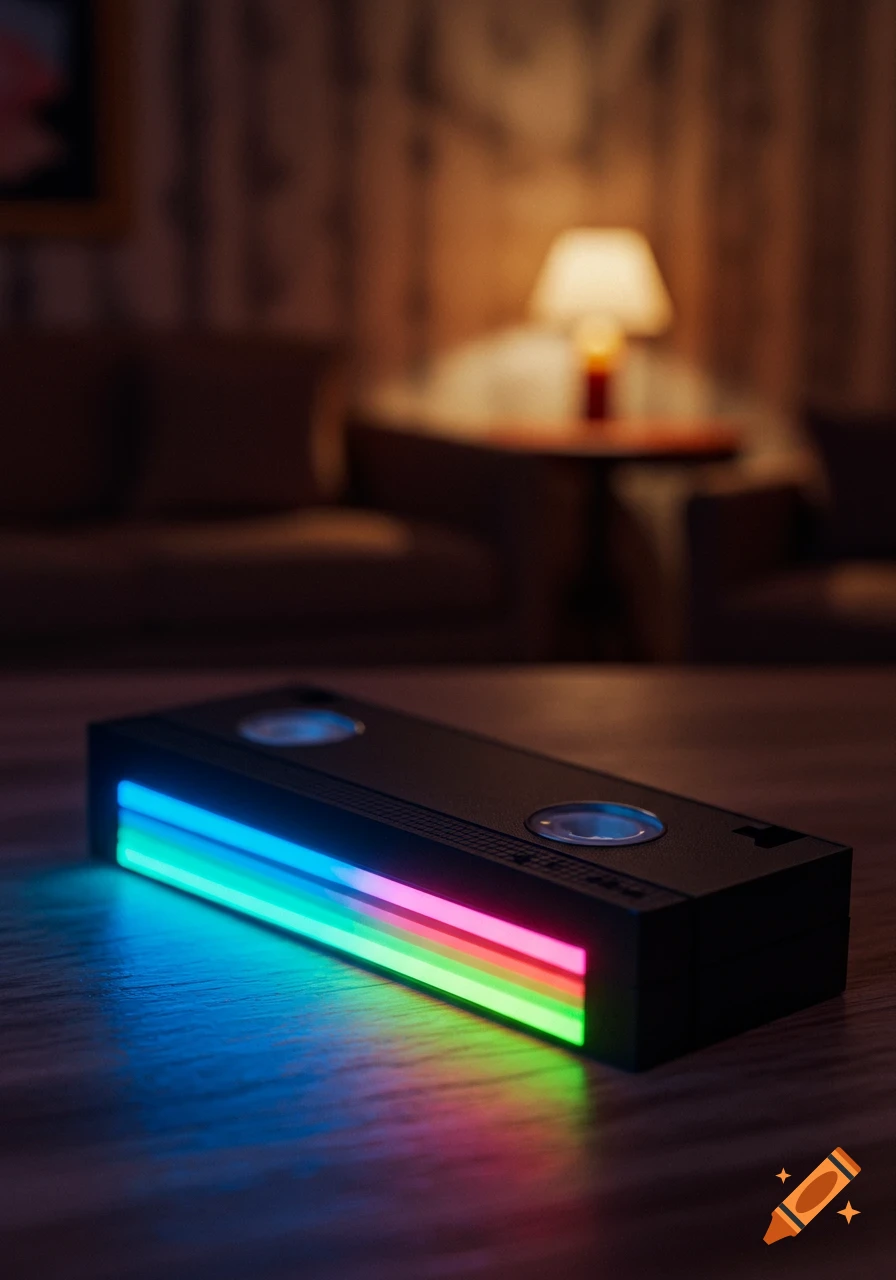 A black VHS tape with glowing neon blue, green, and pink lights along its side sits on a wooden surface in a dimly lit room with blurred furniture.