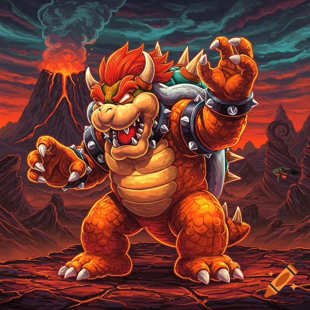 Vibrant illustration of a roaring Bowser in a dramatic volcanic landscape, with a smoking volcano in the background.