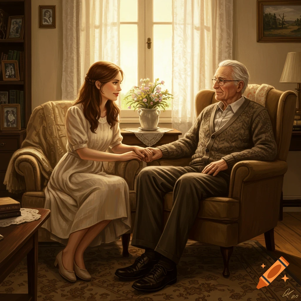 A young woman and an older man sit in armchairs in a warm, sunlit living room, holding hands and looking at each other. A vase of flowers sits between them.