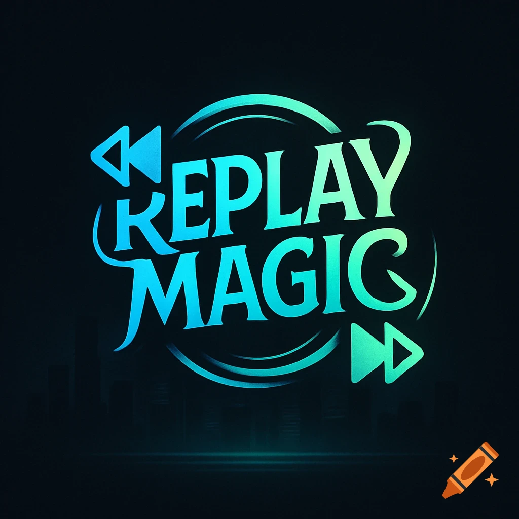 Stylized logo for 'Replay Magic' in gradient blue-green text, framed by circular arcs and media player arrows on a dark background.