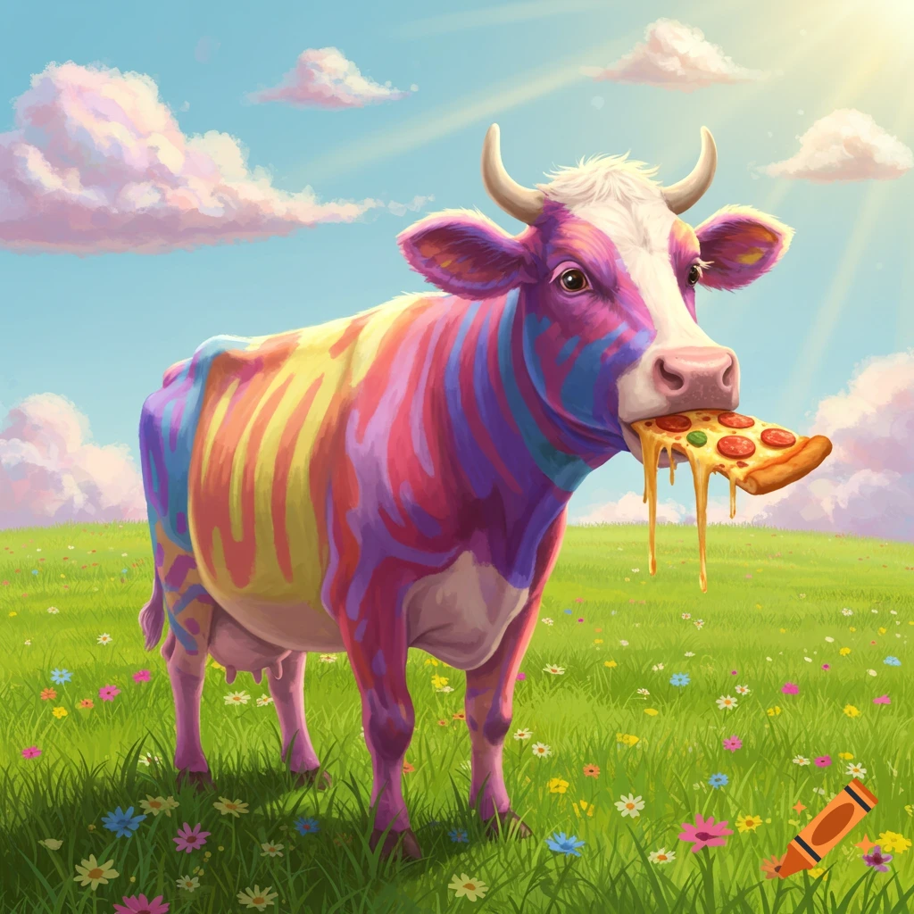 A whimsical rainbow-colored cow stands in a field of wildflowers, eating a slice of pepperoni pizza with dripping cheese.