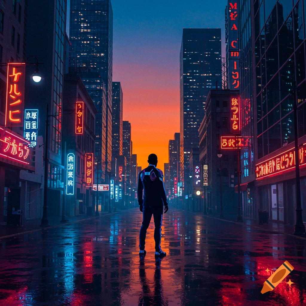 A solitary figure stands on a wet city street, facing away, illuminated by neon signs and the orange glow of sunset between tall buildings.
