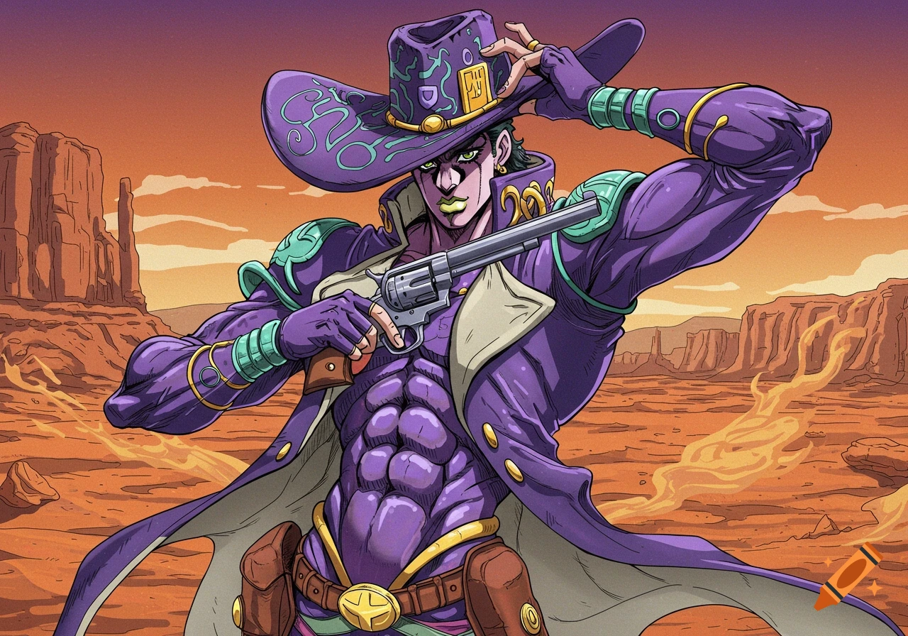 An anime-style cowboy in a purple suit and wide-brimmed hat, holding a revolver in a desert landscape.