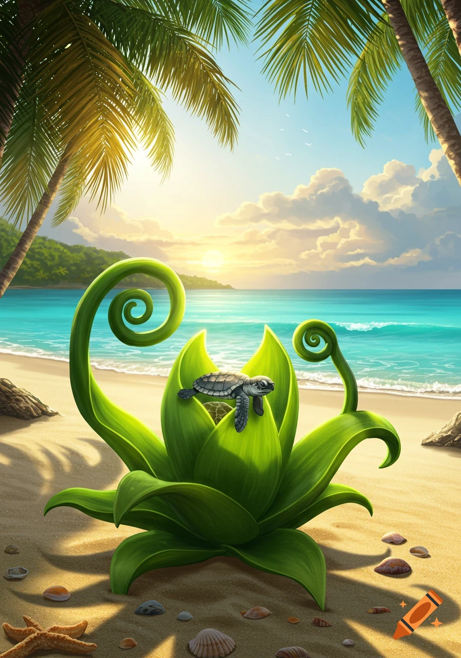 Whimsical illustration of a baby turtle hatching from a glowing green plant on a sunny tropical beach.