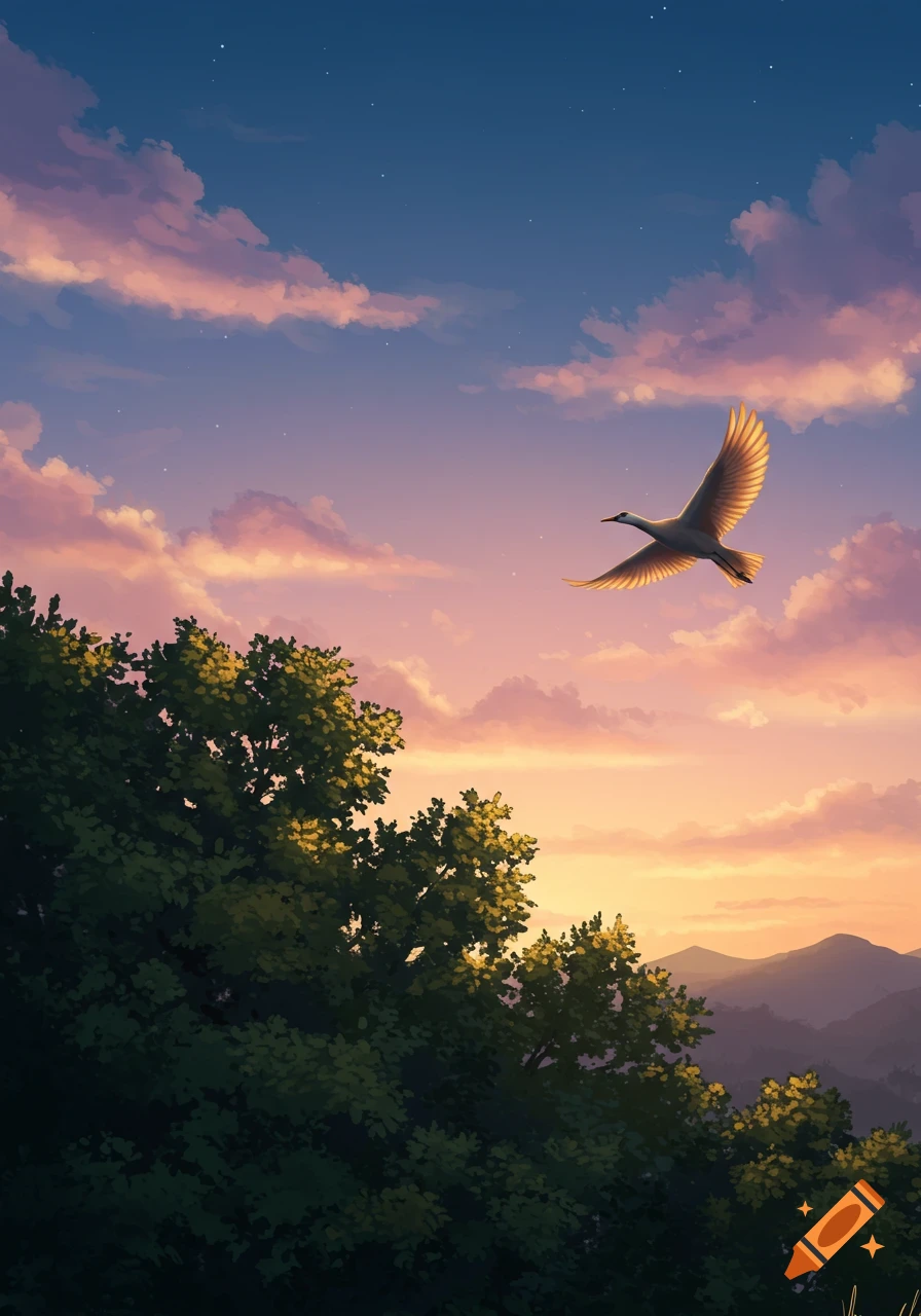 A lone bird soars high in a vibrant sky with pink and orange clouds during sunset, over lush green treetops and distant mountains.