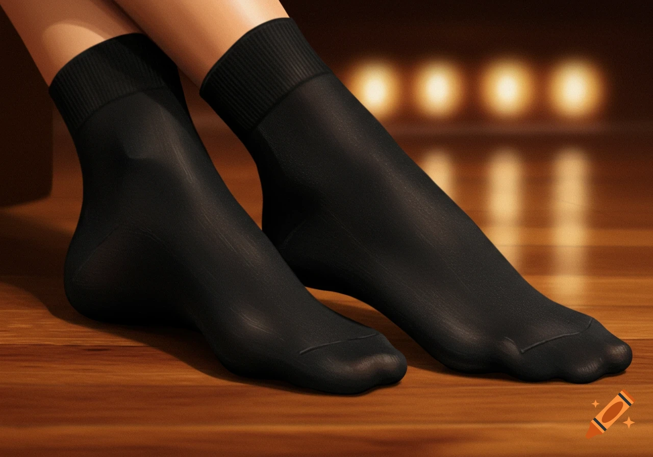 Two feet wearing sheer black ankle socks on a polished wooden floor with blurred background lights, photorealistic style.