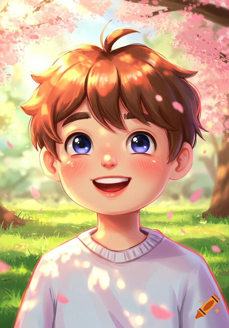 A smiling cartoon boy with brown hair and blue eyes looks up in a sunny park filled with pink cherry blossoms.