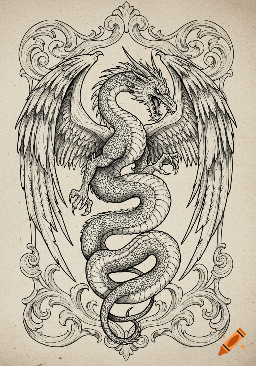 Detailed outline drawing of a winged dragon coiling within an ornate, decorative frame, against a textured beige background.