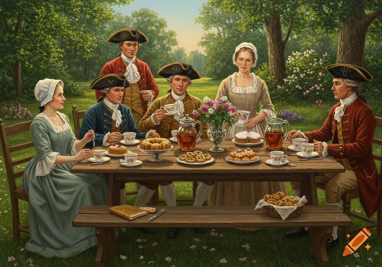 A group of people in colonial clothing gather around a table outdoors for a tea party with cakes and pastries, in an oil painting style.