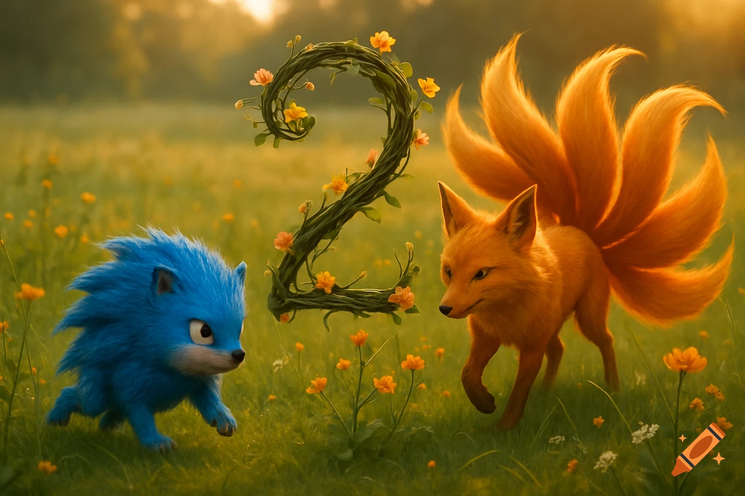 A blue hedgehog creature and a nine-tailed orange fox stand in a grassy field with a vine-covered number 2.