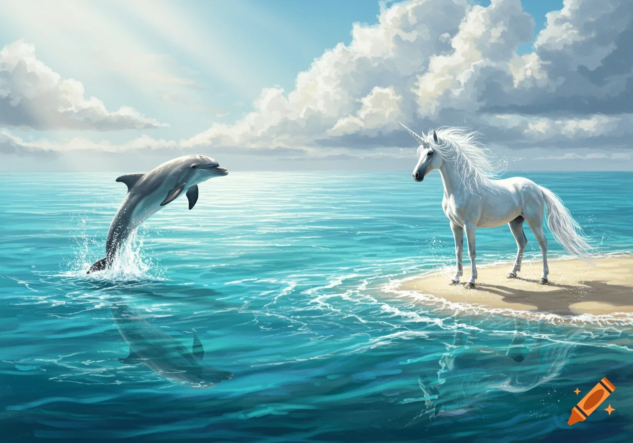 A digital painting of a dolphin leaping from turquoise ocean water as a white unicorn stands on a sandy beach.