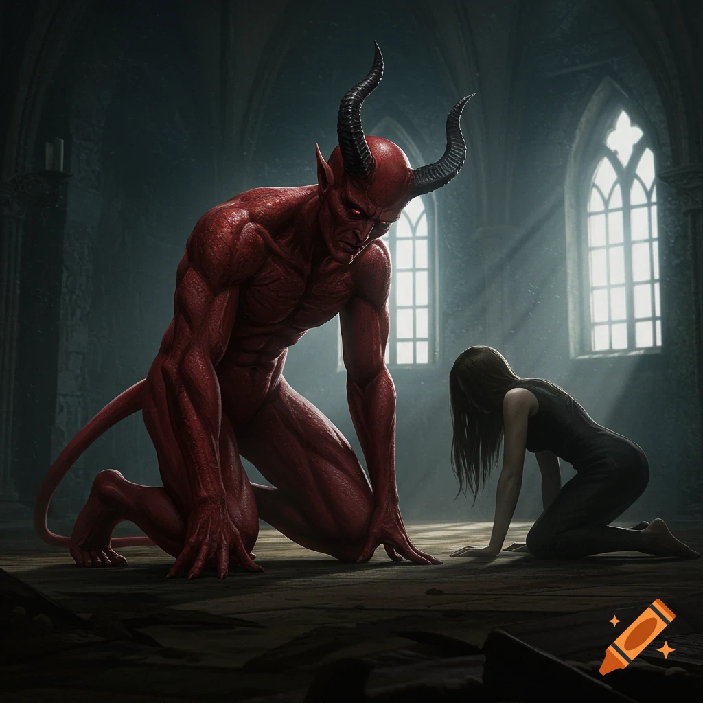 A hyperrealistic image of a muscular red devil kneeling over a woman on her hands and knees in a dark gothic room.