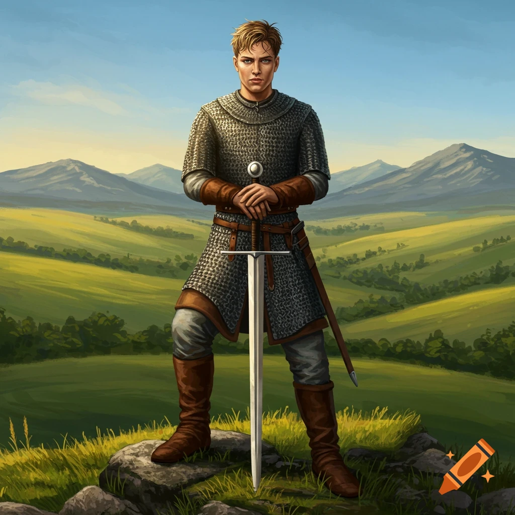 Young man in chainmail armor holds a long sword, standing on a grassy hilltop overlooking mountains. Digital painting.
