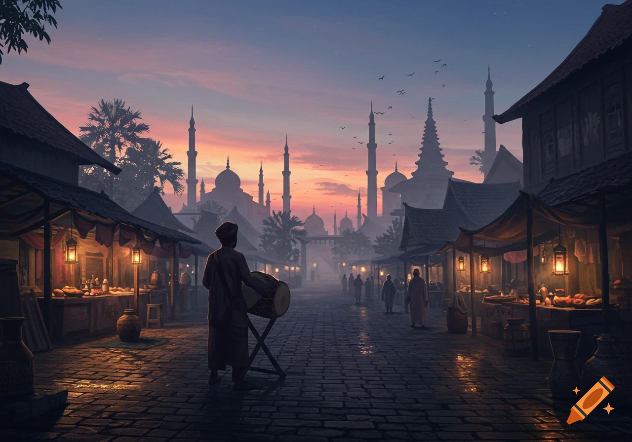 A person plays a drum in a bustling marketplace at sunset, with distant mosques and minarets silhouetted against a colorful sky.