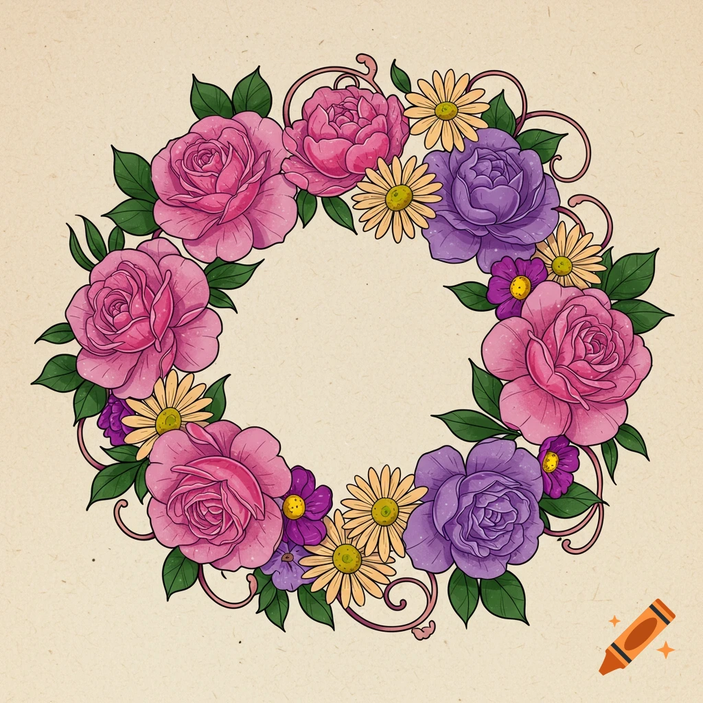 A colorful floral wreath with pink, purple, and yellow flowers, green leaves, and decorative scrolls, in a neo-traditional tattoo illustration style.