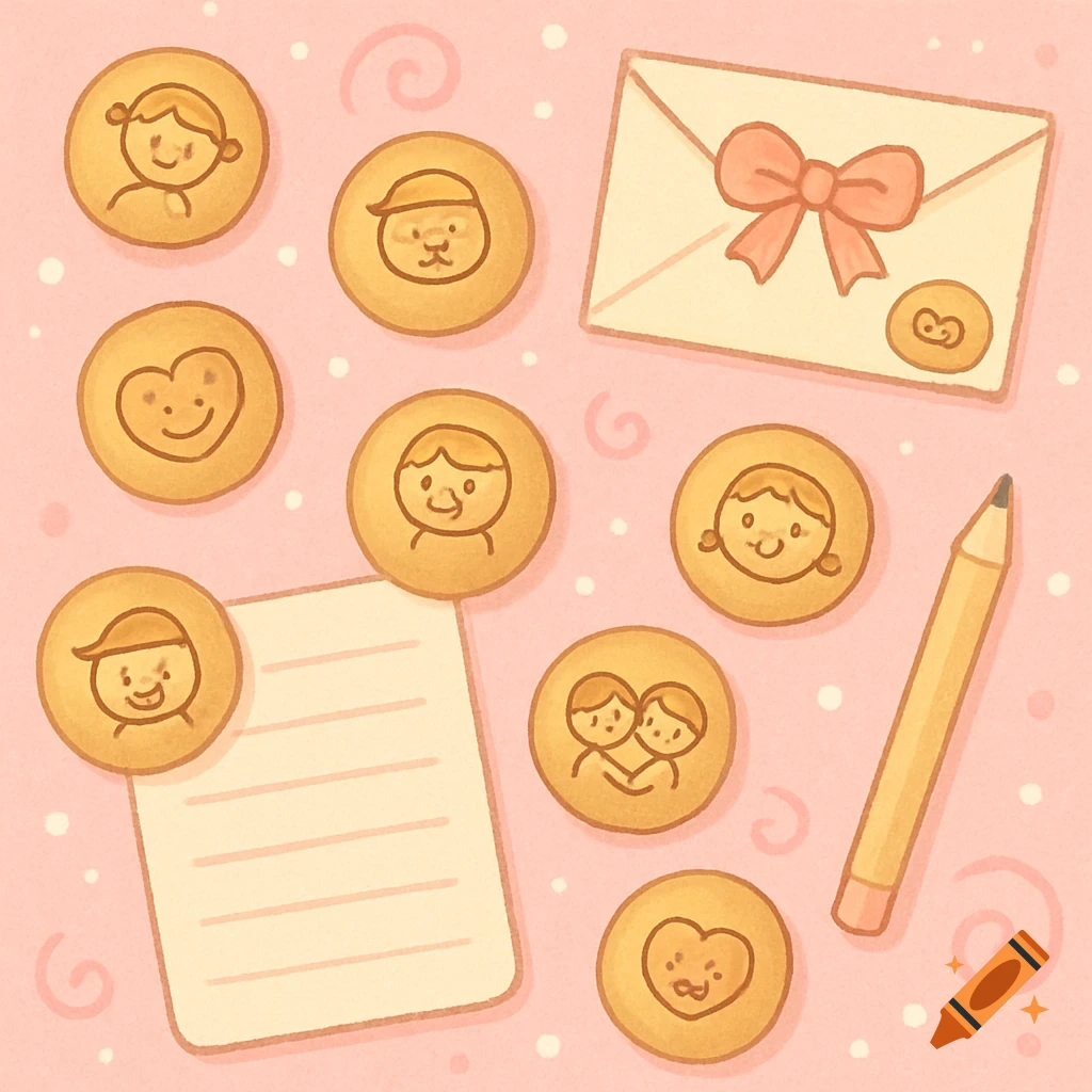 Cartoon illustration of cookies with various faces, a letter, an envelope, and a pencil on a pink background.