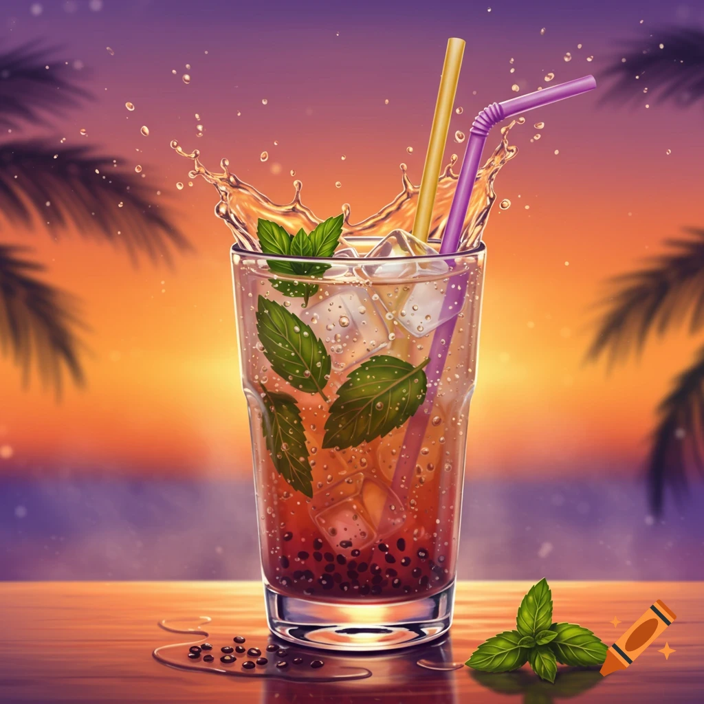 A vibrant mojito cocktail with ice, mint, and two straws, splashing against a tropical sunset background.