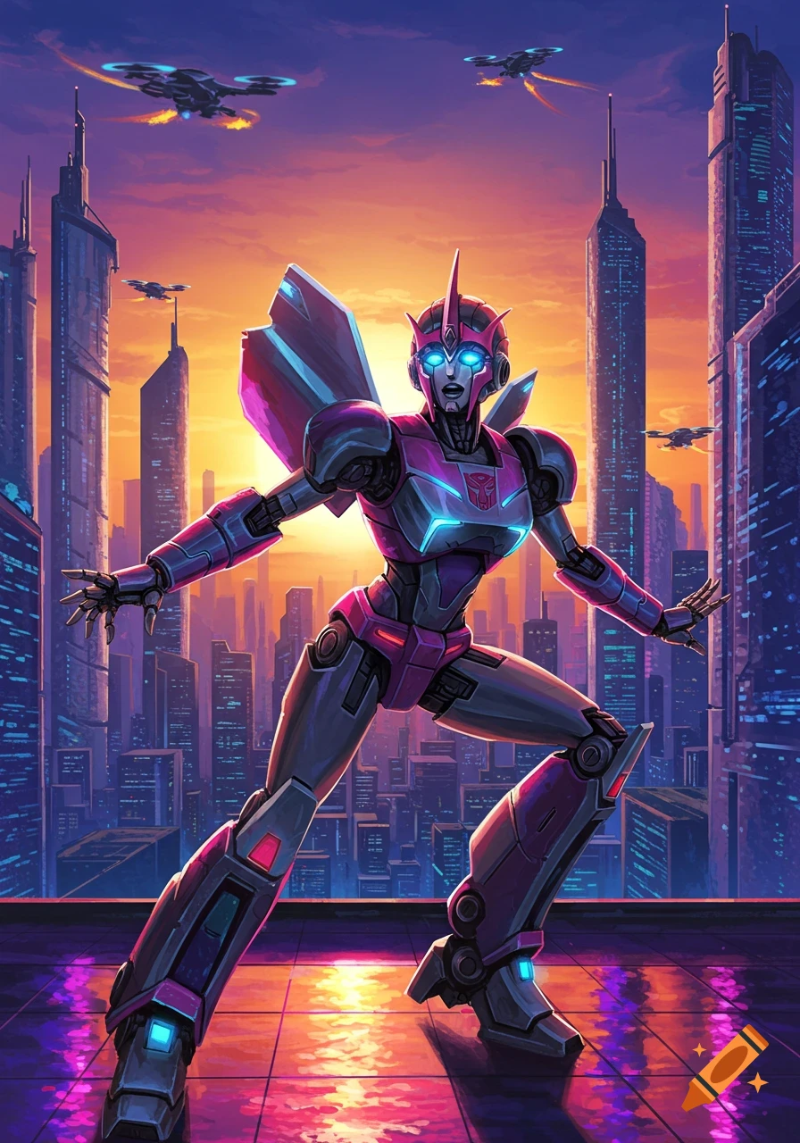 Arcee, a pink and gray Transformer, stands ready on a rooftop in a futuristic city at sunset, drones flying overhead.