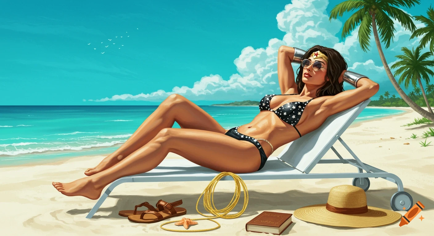 Illustrated Wonder Woman in a black bikini and sunglasses, relaxing on a sun lounger on a tropical beach with palm trees.