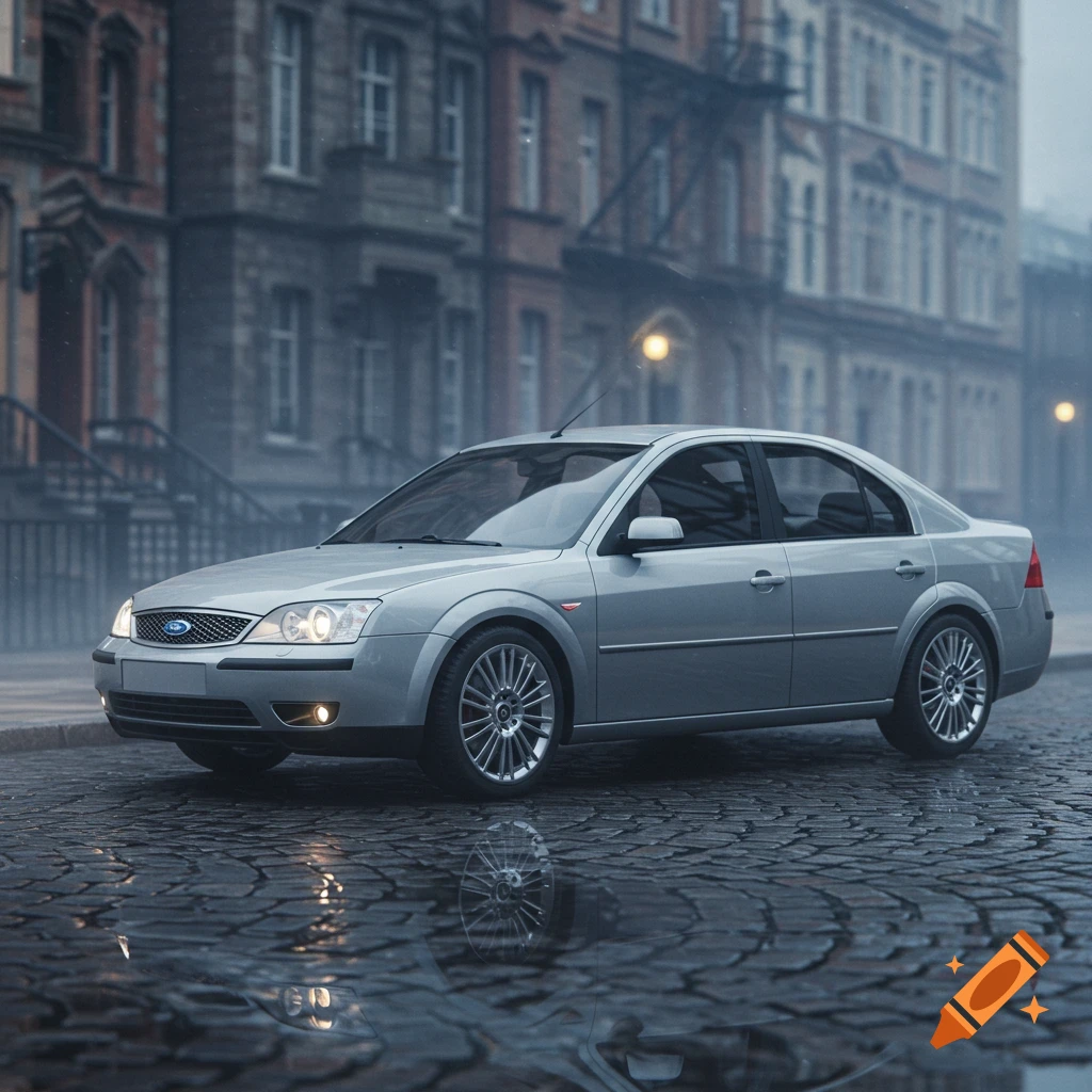 A silver Ford Mondeo car parked on a wet cobblestone street with old city buildings in the background on a misty day.