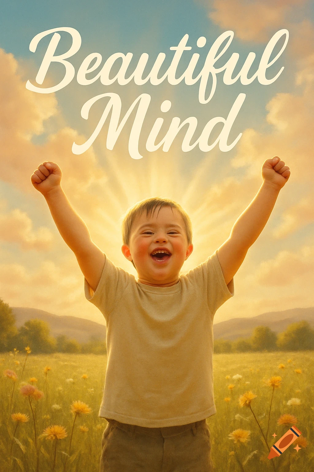Photorealistic image of a smiling boy with Down syndrome raising his hands in a sunny field, with 'Beautiful Mind' in the sky.