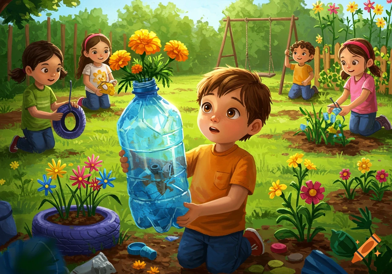 Cartoon illustration of children in a sunny garden, reusing plastic bottles and tires as planters for flowers.