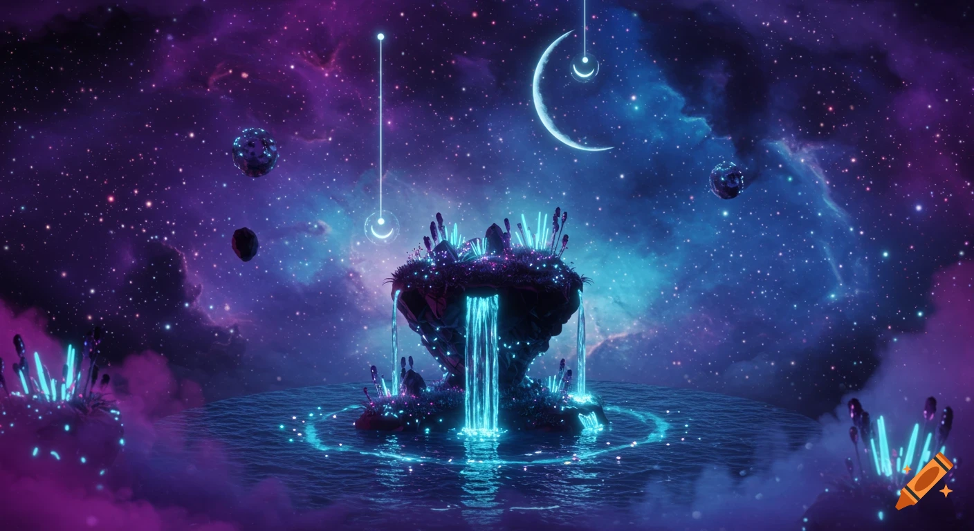 A vibrant cosmic landscape featuring a floating island with glowing flora and waterfalls into starlit water, set against a nebula.