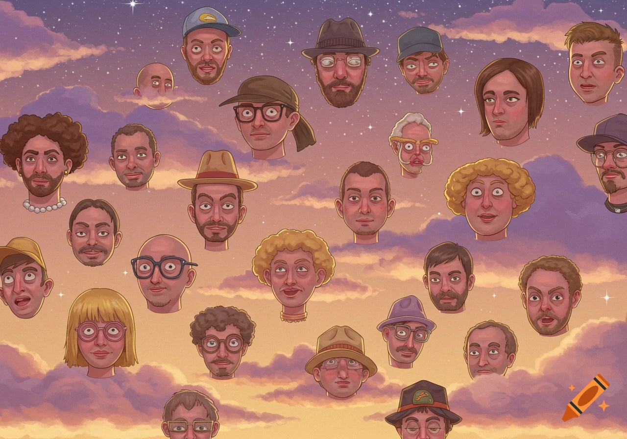 Many stylized cartoon floating heads of men and women in a pink and purple cloudy sky with stars.
