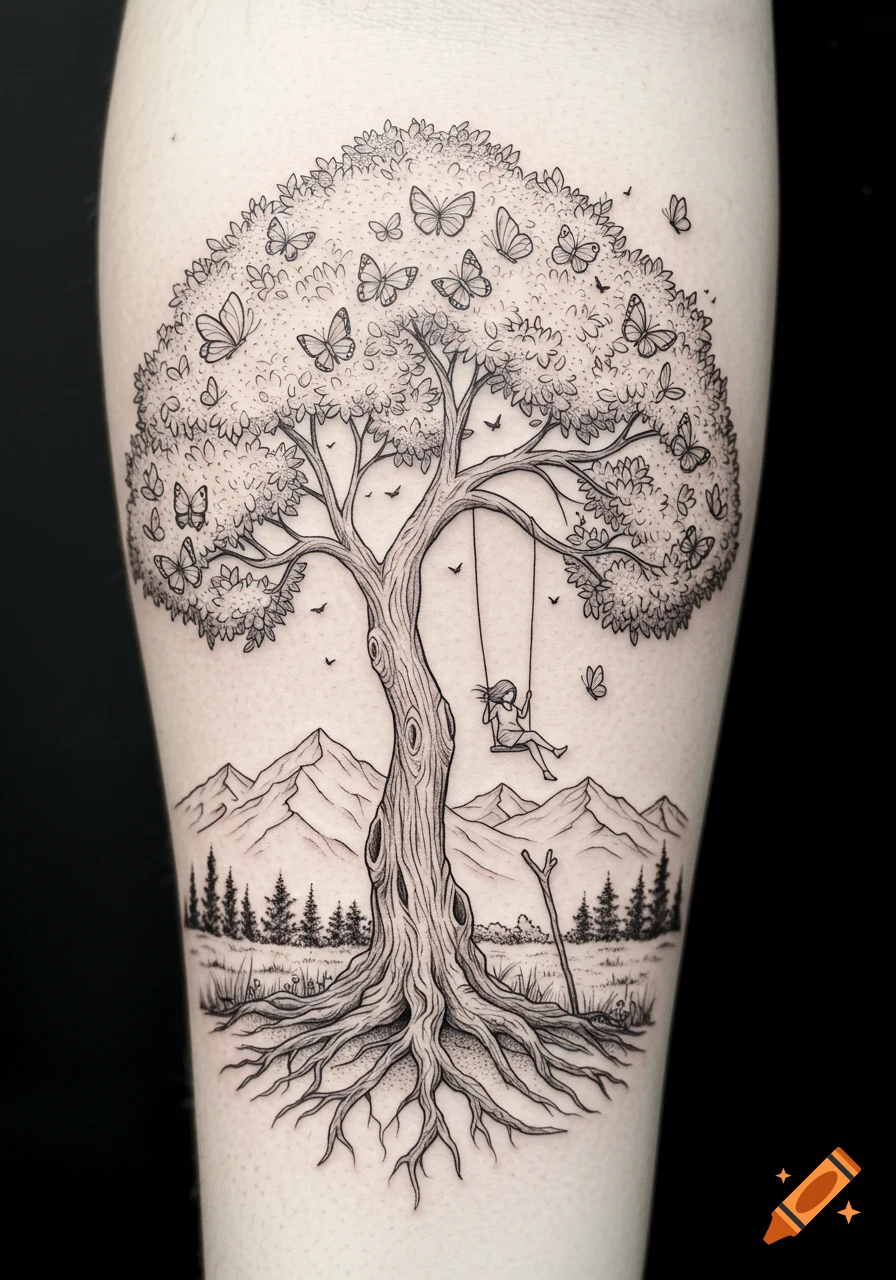 Black and white line art tattoo on skin of a tree with roots, butterflies, a girl swinging, and mountain landscape.