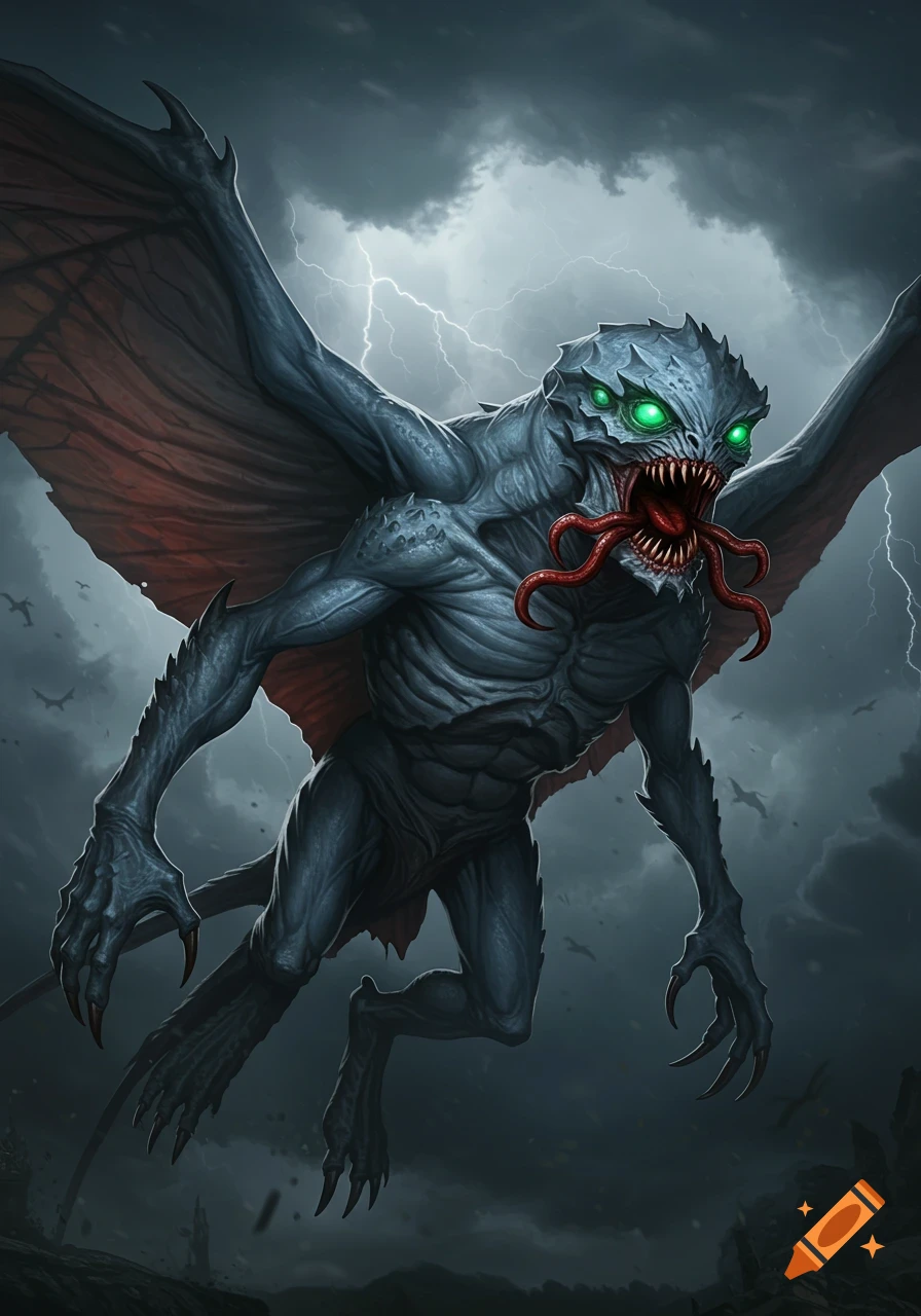 A menacing bluish-gray winged monster with glowing green eyes and tentacles in its mouth, flying against a stormy, lightning-filled sky.