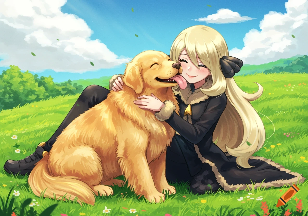 Anime style illustration of Cynthia from Pok 00e9mon hugging a Golden Retriever in a grassy field, with the dog licking her face.