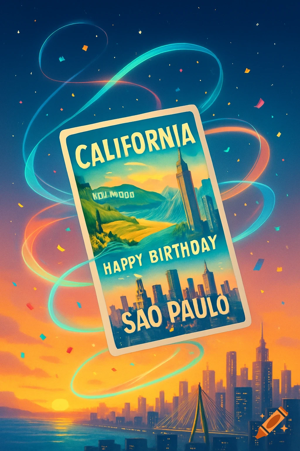 A vibrant, stylized poster featuring 'CALIFORNIA' and 'HAPPY BIRTHDAY SAO PAULO' text, with cityscapes and confetti at sunset.