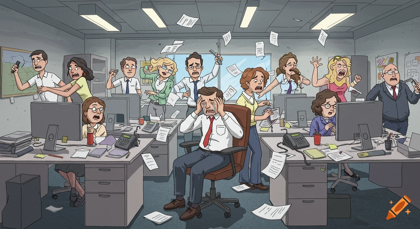 A cartoon illustration of a chaotic, stressful open-plan office with panicked employees and a crying manager.