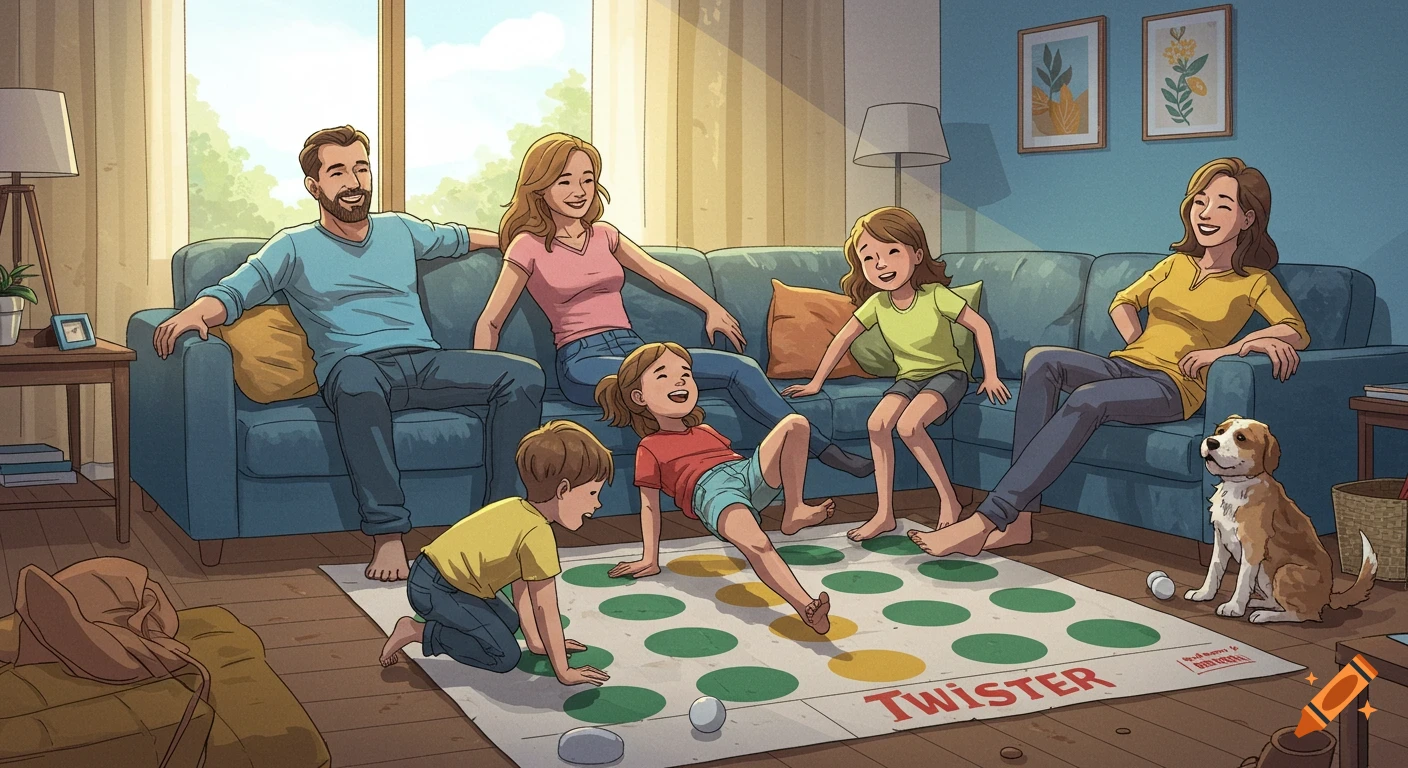 A comic-style illustration of a joyful family and a dog playing Twister in a bright living room.
