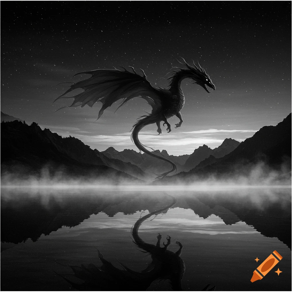A dark fantasy image of a black dragon flying over a misty lake, reflected in the water, with mountains under a starry sky.