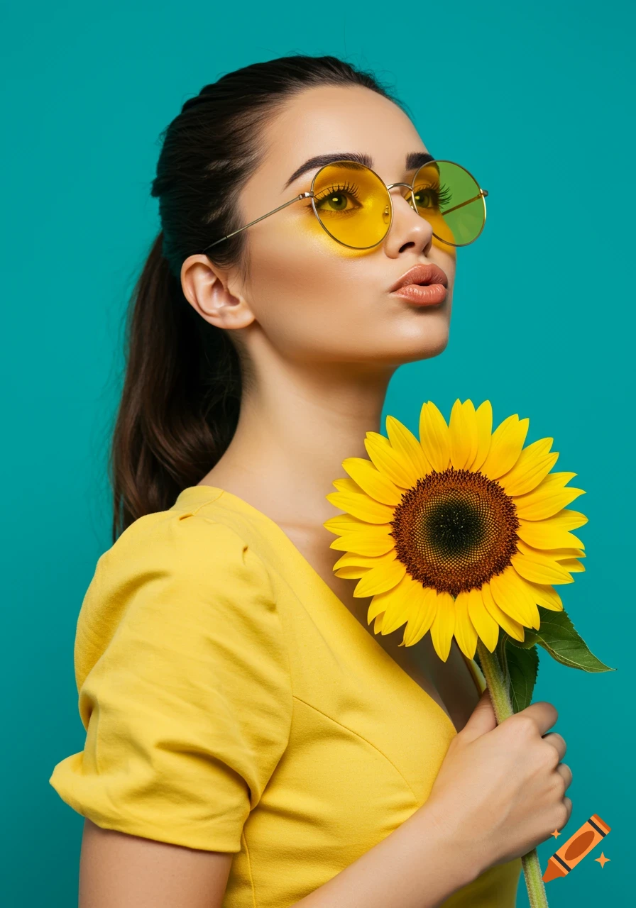 A young woman in yellow sunglasses and a dress holds a sunflower, gazing upward against a turquoise background in a photorealistic portrait.