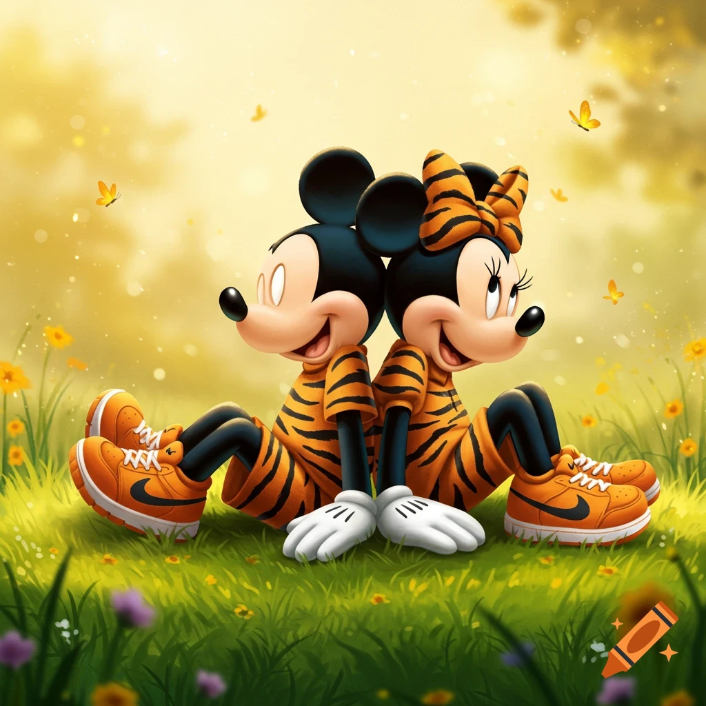 Mickey and Minnie Mouse in orange tiger-striped outfits and Nike sneakers, sitting back-to-back in a sunny green field with butterflies.