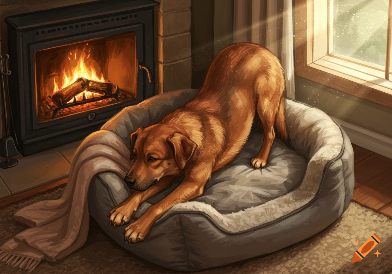 A brown dog stretches in a soft gray dog bed beside a warm fireplace, with light shining through a window.