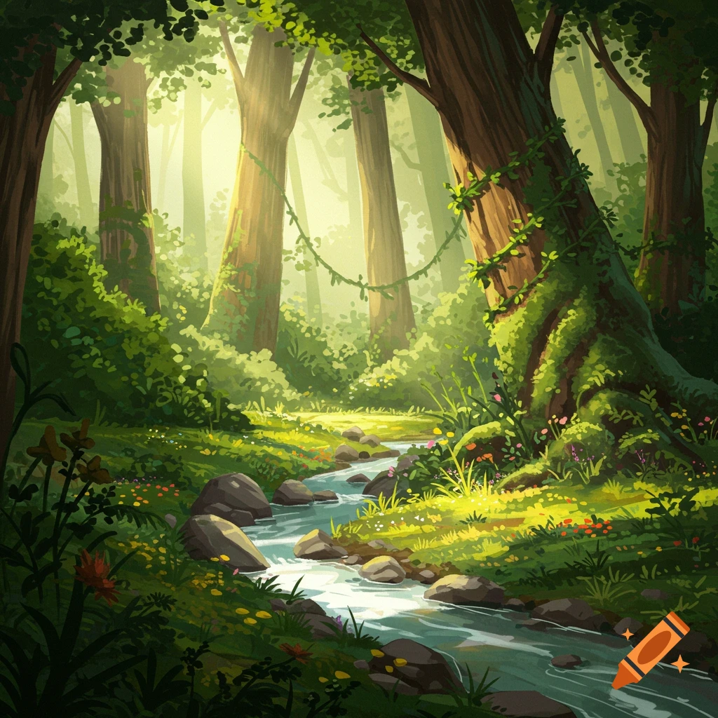 A vibrant, stylized forest with a sun-dappled stream winding through mossy rocks and wildflowers, surrounded by tall trees and lush greenery.