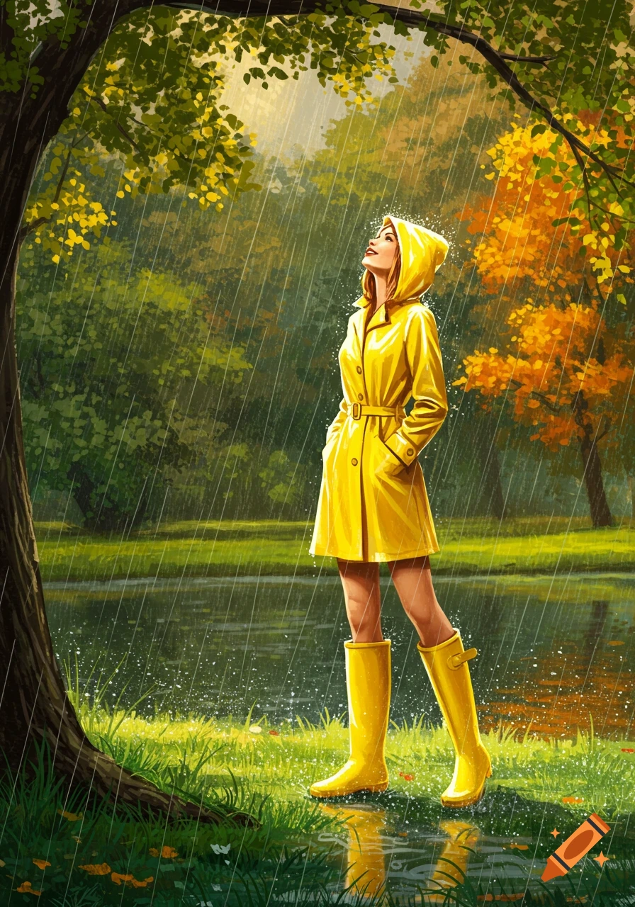 An illustrative image of a woman in a yellow raincoat and boots standing in the rain, looking up, surrounded by trees.